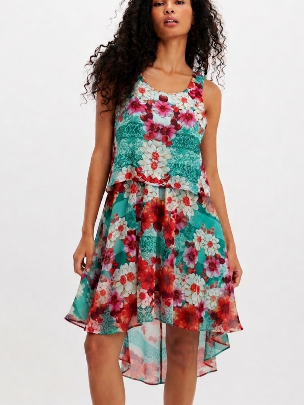 Bisou Bisou Hawaiian Floral Tank Dress Size 4 Colorful Asymmetrical High Low Hem